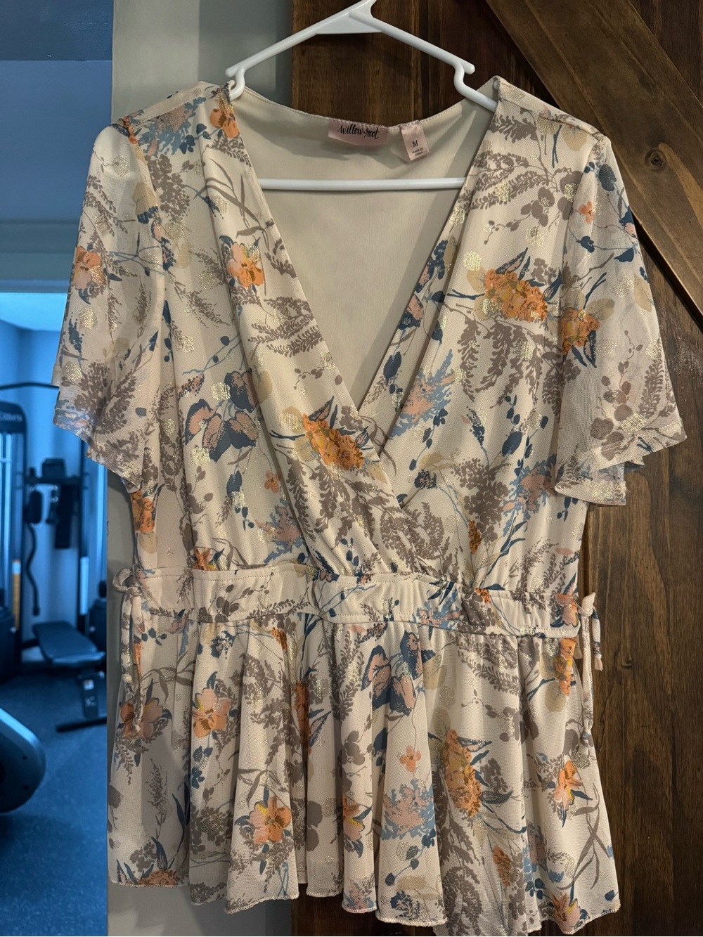 Floral Wrap Peplum Blouse - Cream with Orange & Blue Flowers